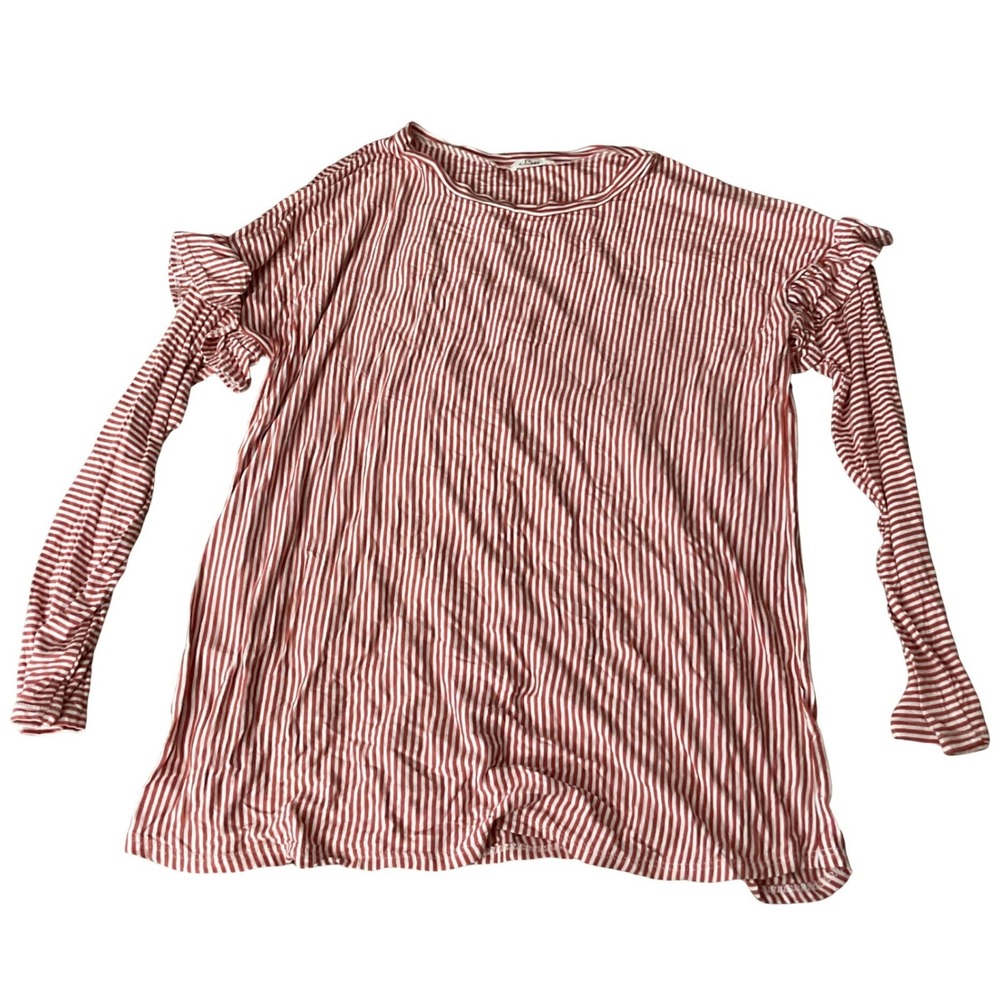 E. Luna Womens Red White Striped Ruffle Shoulder Long Sleeve Top Large
